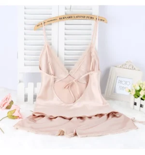 ชุดนอนผ้าไหมซาติน แขนกุด เซ็กซี่ แต่งลูกไม้สุดหรู สีชมพูโรสโกลด์