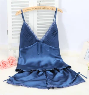 ชุดนอนผ้าไหมซาติน แขนกุด เซ็กซี่ แต่งลูกไม้สุดหรู สีชมพูโรสเนวี่