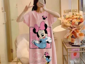 ชุดนอนกระโปรง เนื้อนุ่ม คุณภาพสูง ลายการ์ตูน ผ้าคอตตอน หนูสาวน่ารัก กระโปรงแขนสั้น