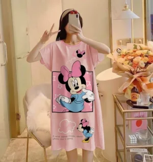 ชุดนอนกระโปรง เนื้อนุ่ม คุณภาพสูง ลายการ์ตูน ผ้าคอตตอน หนูสาวน่ารัก กระโปรงแขนสั้น