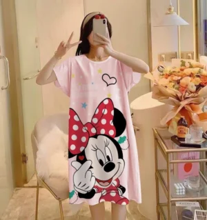 ชุดนอนกระโปรง เนื้อนุ่ม คุณภาพสูง ลายการ์ตูน ผ้าคอตตอน เจ้าหนูโบว์แดง กระโปรงแขนสั้น