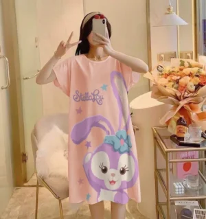 ชุดนอนกระโปรง เนื้อนุ่ม คุณภาพสูง ลายการ์ตูน ผ้าคอตตอน กระต่ายน้อย กระโปรงแขนสั้น