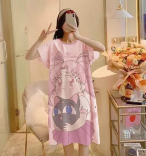 ชุดนอนกระโปรง เนื้อนุ่ม คุณภาพสูง ลายการ์ตูน ผ้าคอตตอน แมวน้อย กระโปรงแขนสั้น
