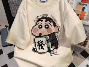 ชุดนอนผ้าฝ้าย oversize ปิดศอก ลายการ์ตูนญี่ปุ่น สีครีม