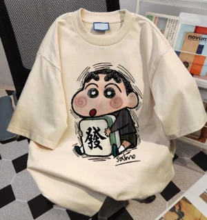 ชุดนอนผ้าฝ้าย oversize ปิดศอก ลายการ์ตูนญี่ปุ่น สีครีม