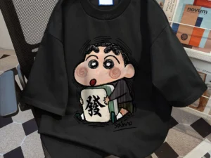 ชุดนอนผ้าฝ้าย oversize ปิดศอก ลายการ์ตูนญี่ปุ่น สีดำ