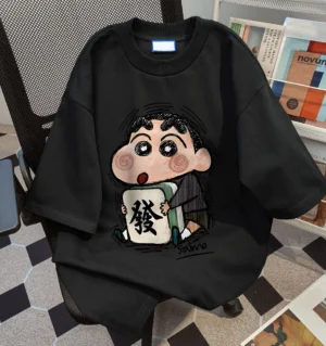 ชุดนอนผ้าฝ้าย oversize ปิดศอก ลายการ์ตูนญี่ปุ่น สีดำ