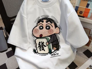 ชุดนอนผ้าฝ้าย oversize ปิดศอก ลายการ์ตูนญี่ปุ่น สีขาว