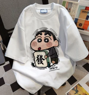 ชุดนอนผ้าฝ้าย oversize ปิดศอก ลายการ์ตูนญี่ปุ่น สีขาว