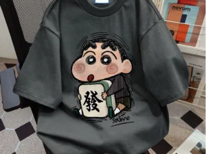 ชุดนอนผ้าฝ้าย oversize ปิดศอก ลายการ์ตูนญี่ปุ่น สีเทา