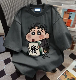 ชุดนอนผ้าฝ้าย oversize ปิดศอก ลายการ์ตูนญี่ปุ่น สีเทา