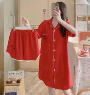 ชุดนอนผ้าไหมอิตาลีกระโปรง+กางเกงขาสั้น สีแดง