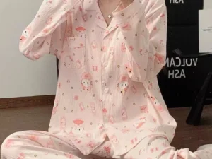 ชุดนอนผ้าไหมญี่ปุ่น แขนสั้น ขายาว สีชมพู จุดการ์ตูนน่ารัก